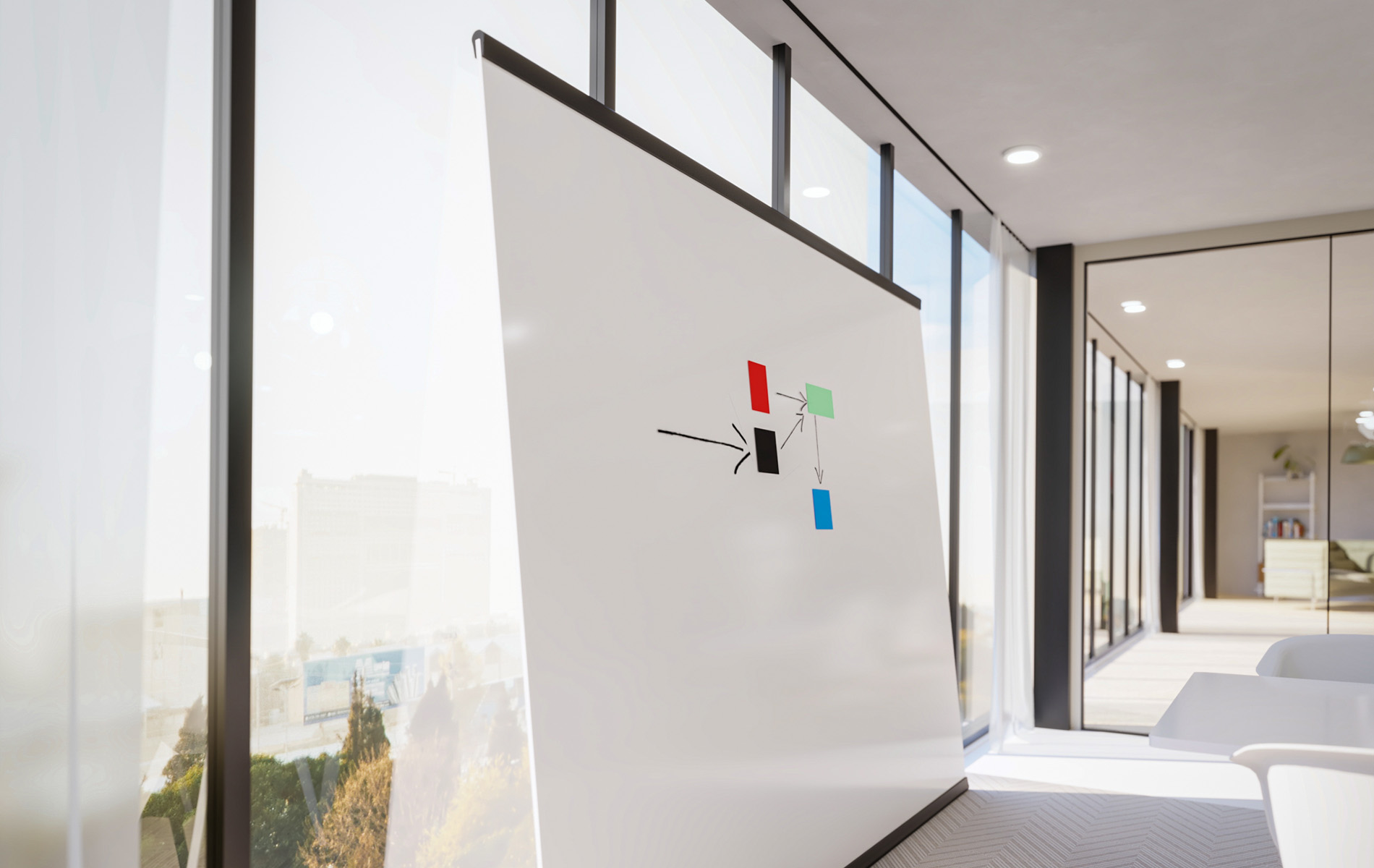 Lean Wall mobile whiteboard with a sleek, minimalistic design ideal for dynamic workspaces. Features a large, writable surface on a sturdy, movable frame, perfect for collaborative brainstorming and lean project management. The board offers flexibility and functionality in modern office environments