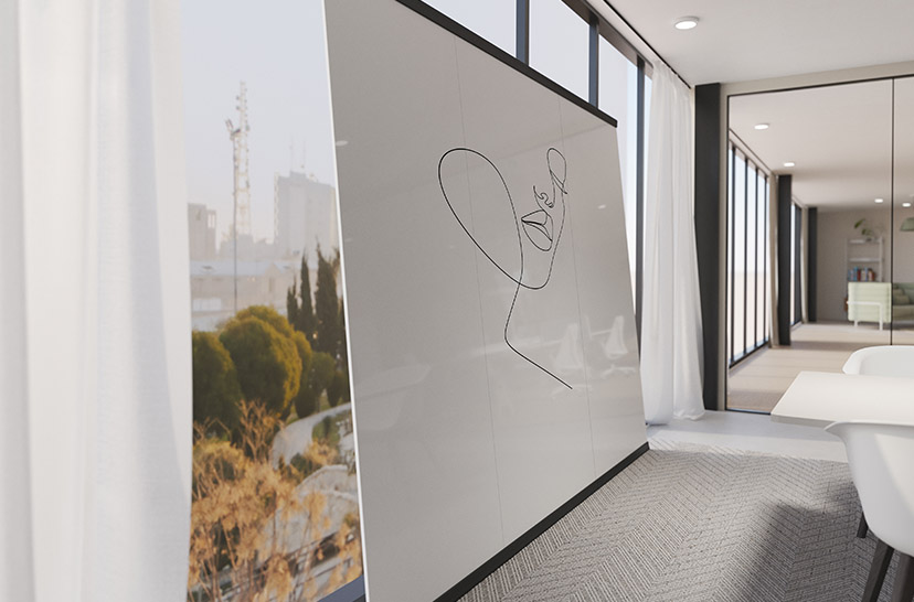 Lean Wall mobile whiteboard with a sleek, minimalistic design ideal for dynamic workspaces. Features a large, writable surface on a sturdy, movable frame, perfect for collaborative brainstorming and lean project management. The board offers flexibility and functionality in modern office environments