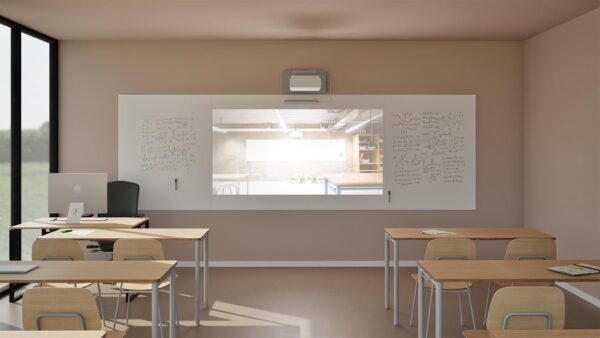 Leerlingen schrijven op een whiteboardwand in een modern klaslokaal, Chameleon whiteboardwand met akoestische panelen in een leerplein, Docent gebruikt wandvullend whiteboard bij interactieve les, Overzicht van een klas met whiteboardwand en rustige inrichting, Detail van ceramic steel schrijfoppervlak met leerlingentekening.