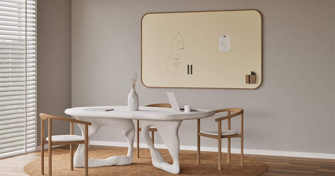Chameleon Curve Oak, Whiteboard, Whiteboard, Droog uitwisbaar bord, Groot whiteboard voor de muur, Randloos whiteboard
