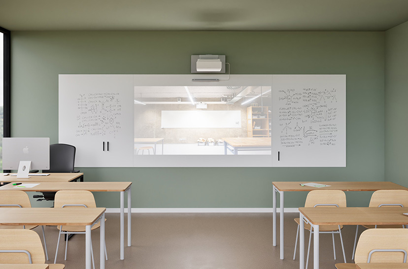 hybrides Whiteboard, hybrid projection wall whiteboard, Whiteboard mit Projektor, Whiteboard für Bildung, mattes Whiteboard, Whiteboard Wand, nahtloses Whiteboard, interaktives Whiteboard, Projektionswand, pädagogisches Whiteboard