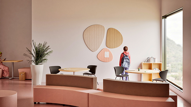 panneau acoustique mural école, panneau acoustique éducation, tableau d’affichage classe, panneaux muraux absorbant le bruit école, panneaux acoustiques durables, acoustique ludique école, feutre PET acoustique école, Chameleon Pebbles, acoustique environnement d’apprentissage, panneaux acoustiques sur mesure