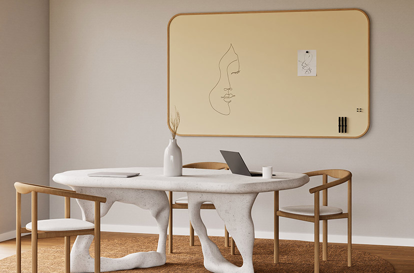 Tableau blanc Chameleon Curve Oak : un design simple et moderne, idéal pour tous les espaces. Disponible en différentes finitions, y compris les SatinTones colorés et mats.